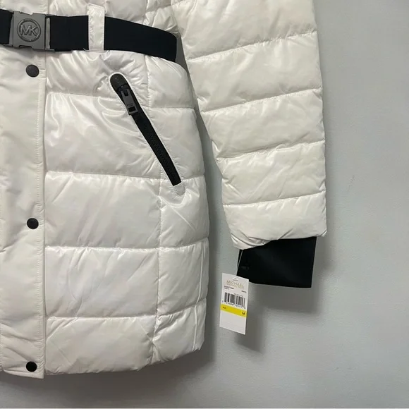 Michael Kors Hooded Puffer Jacket In White W/ Black Details New - Duplicate